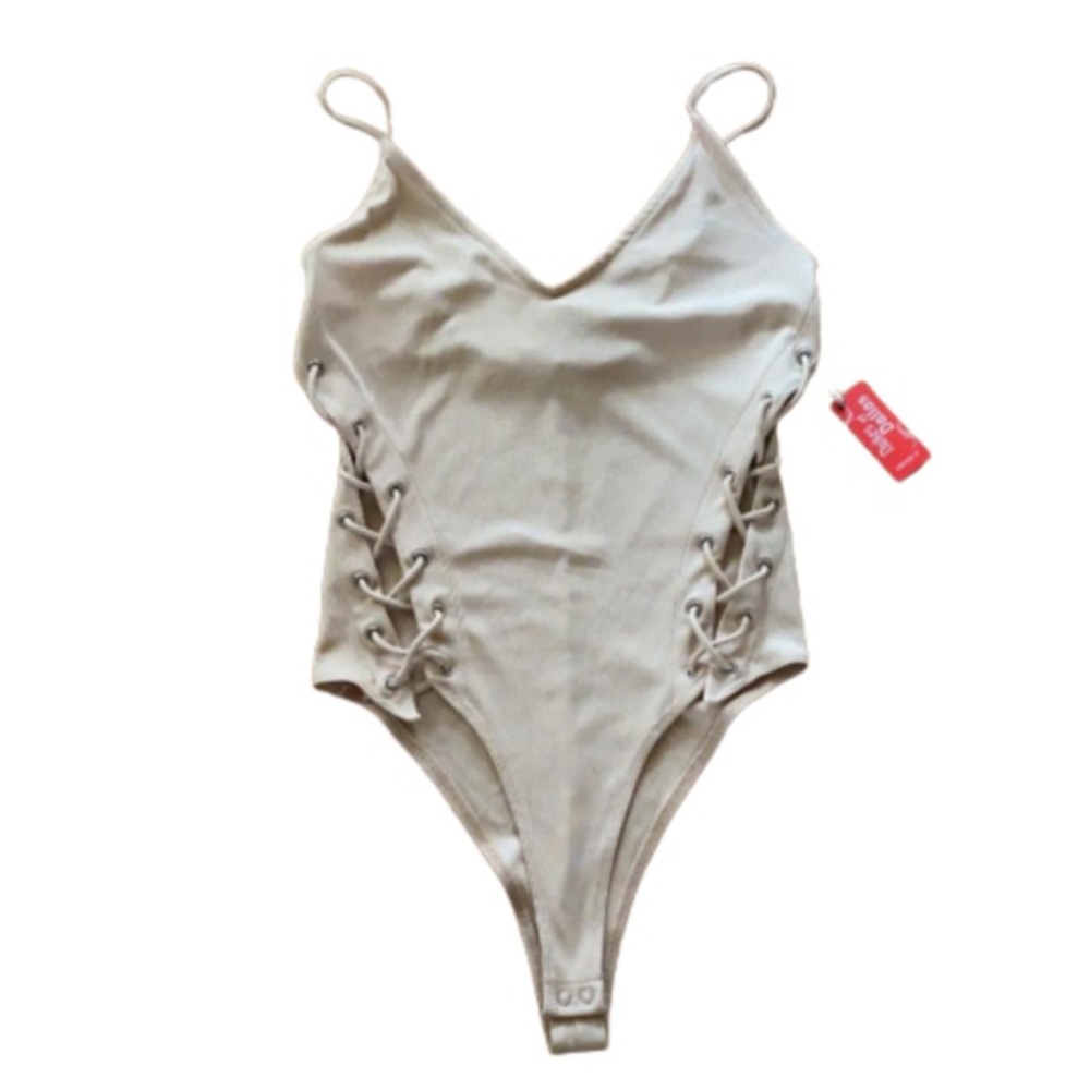 Nude high leg ribbed side tie lace up bodysuit - Picture 2 of 2